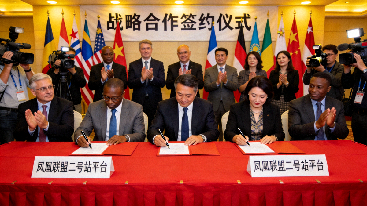 凤凰联盟二号站平台与多国代表在国际会议中心举行战略合作签约仪式的现场照片