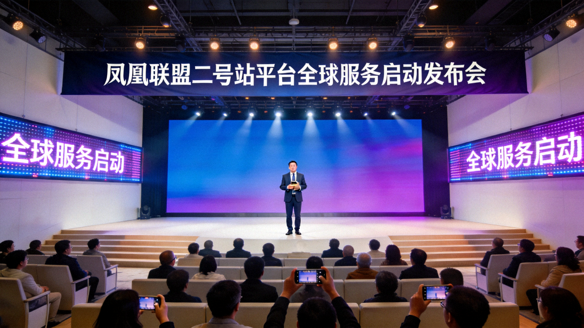 凤凰联盟二号站平台全球服务启动发布会现场盛况，主讲人正在台上阐述平台愿景